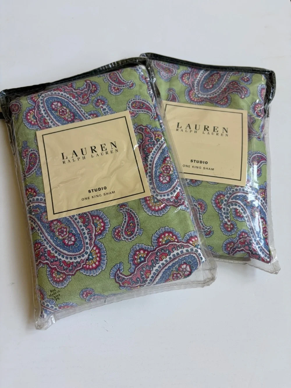 2 Ralph Lauren Greenvale Paisley 100% Cotton KING Pillow Shams in Green + Purple